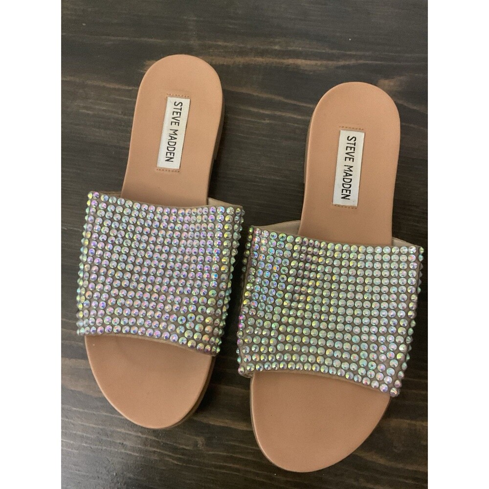 Steve Madden Klora Iridescent Rhinestone Slide Sandals Size 8.5M Flats Shoes